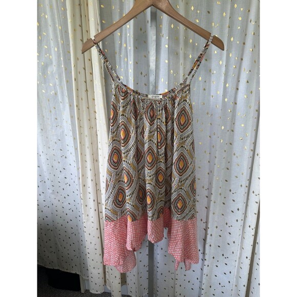 Umgee Bohemian Mix Print Semi Sheer Spaghetti Strap Swing Shark Bite Tank Top M - Picture 2 of 5